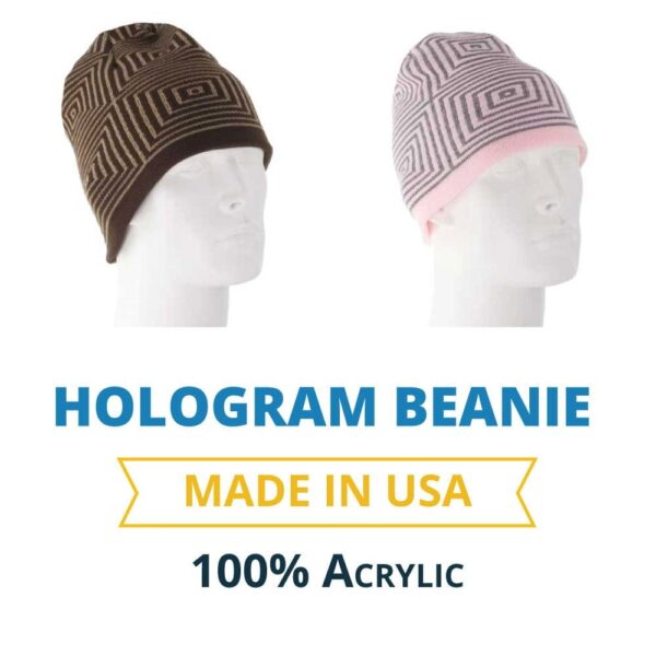 Two beanie hats are displayed on mannequin heads showcasing different designs one is brown with geometric patterns and the other is pink with a contrasting band below the brim Hologram Beanie MADE IN USA 100% Acrylic