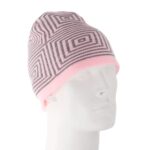 A patterned pink beanie rests on a white mannequin head showcasing a geometric design in dark gray against a soft pink background emphasizing its casual style and warmth.