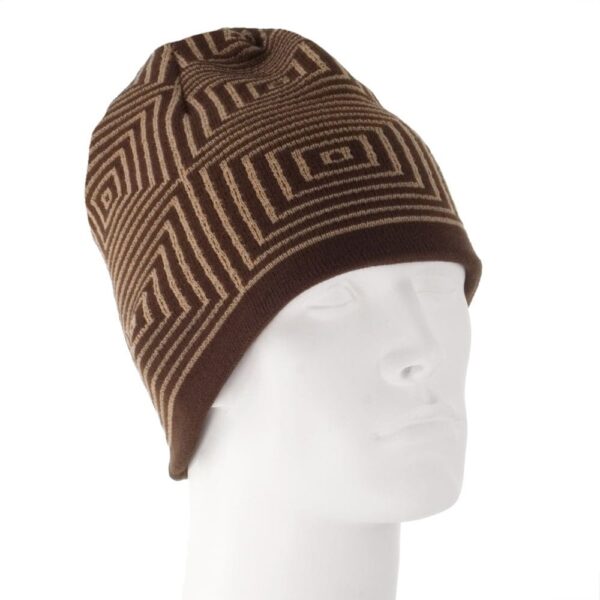 A brown knit beanie with geometric patterns is resting on a white mannequin head in a neutral background showcasing the hat's design and texture with no other objects present.
