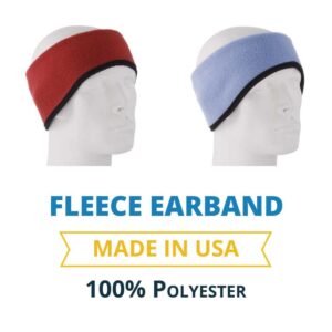 Two fleece earbands are displayed on white mannequin heads. One earband is red and the other is light blue. Below the earbands  text indicates features and material specifications. Text reads: FLEECE EARBAND MADE IN USA 100% Polyester