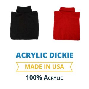 Two folded acrylic dickies are displayed side by side one in black and one in red both with tall collars labeled with details about materials and origin