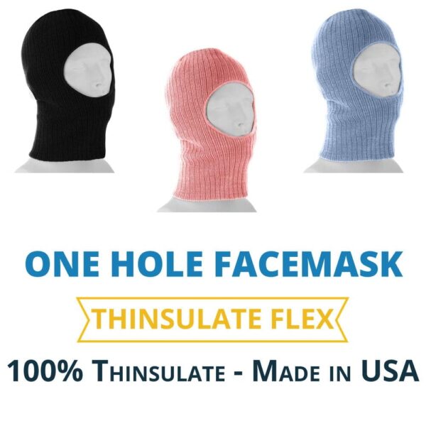 Three knitted one-hole facemasks in black  pink  and blue are displayed on white mannequin heads with text below stating ONE HOLE FACEMASK THINSULATE FLEX 100% Thinsulate - Made in USA.