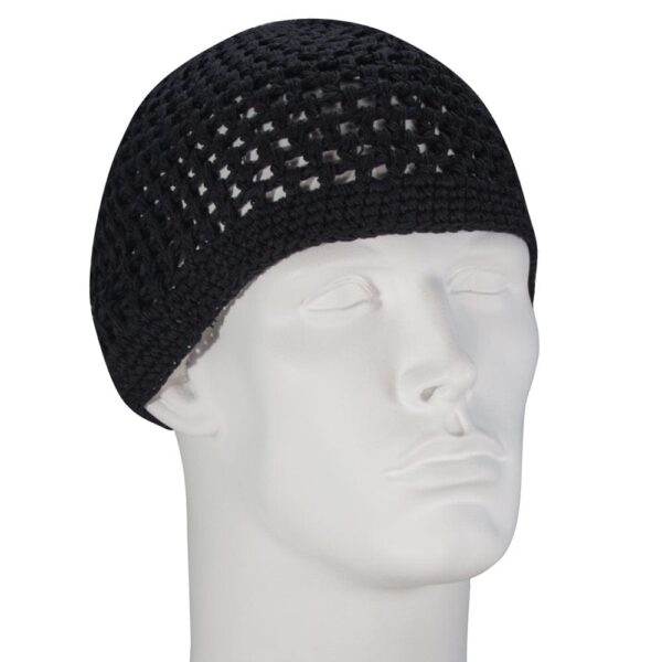 A black crocheted cap sits snugly on a white mannequin head showcasing its open weave design in a neutral setting highlighting the texture and shape of the hat.