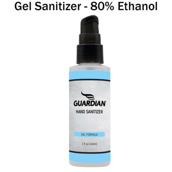 A clear plastic bottle contains gel sanitizer with a pump top the label states it is Guardian hand sanitizer with 80% ethanol and is 2 fluid ounces in size with a light blue design