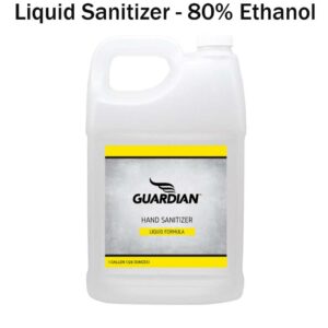 A plastic container of liquid hand sanitizer labeled as GUARDIAN holds 80% ethanol. It is designed for sanitization and is presented with a yellow and gray color scheme on the label.