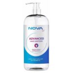 A clear bottle labeled NOVA contains advanced hand sanitizer with a pump top position. It holds 32 fluid ounces and is designed to leave hands feeling soft with an original scent.