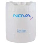 A large cylindrical container labeled NOVA Gel holds a transparent gel-like substance with a blue and red logo. It contains 70% v/v ethanol and has a capacity of 5 gallons.