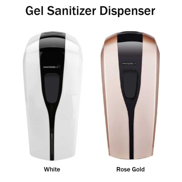 Gel sanitizer dispensers are displayed in two colors white and rose gold showcasing their sleek designs for dispensing hand sanitizer in various settings such as offices or public spaces