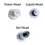 Three various heads for dispensers are displayed. The foam head is round and white  the liquid head features a black ring  and the gel head has a distinct nozzle. Text labels identify each type.