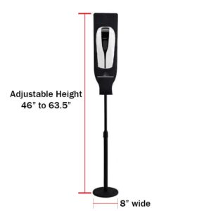 A tall black stand featuring a white dispenser at the top dispenses hand sanitizer. It has adjustable height measurements ranging from 46 to 63.5 inches and a base width of 8 inches.