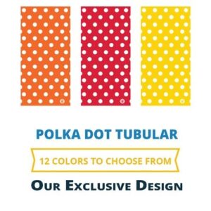 Three vertical rectangles display polka dot patterns in orange red and yellow. Below the rectangles text promotes a product with options of twelve colors and mentions an exclusive design.