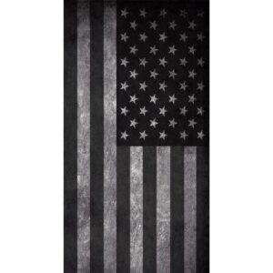 A black and white American flag displays alternating dark and light stripes with a star field featuring stars arranged in rows against a dark background creating a bold monochromatic effect.