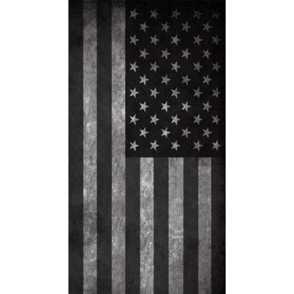 A black and white American flag displays alternating dark and light stripes with a star field featuring stars arranged in rows against a dark background creating a bold monochromatic effect.
