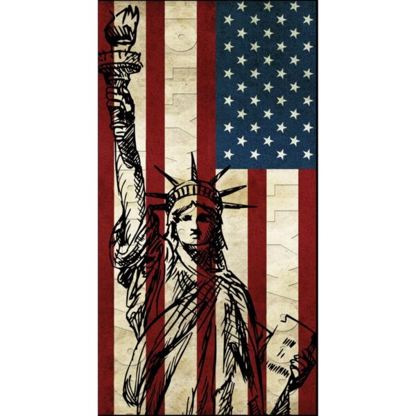 A sketched statue of Liberty holds a torch and tablet against a background of red and white stripes with a blue section featuring stars representing the American flag.
