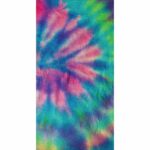 Colorful fabric displays a tie-dye pattern featuring swirling shades of pink blue green and violet creating a vibrant and artistic appearance against a light background.