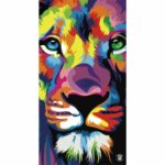A vibrant  abstract depiction of a lion's face filled with bold colors like blue  green  orange and yellow with expressive features and a striking gaze against a contrasting background